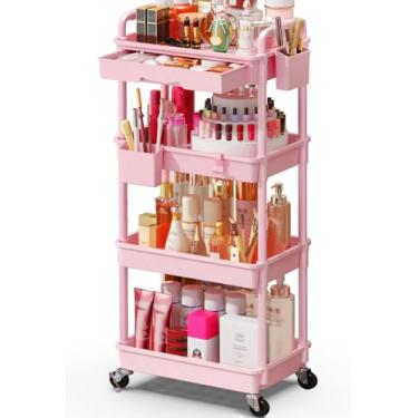 Imagem de SUNALLY Organizador de carrinho de maquiagem com gavetas, organizadores de cuidados com a pele de 4 camadas para penteadeira, carrinho de maquiagem, banheiro, estojos de exibição de cosméticos para