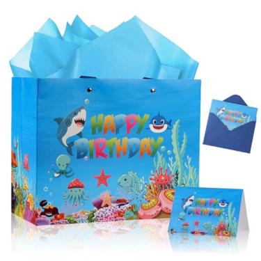 Imagem de Lednica Saco de presente de tubarão, feliz aniversário, conjunto de presente com tema de tubarão, papel de seda, cartão de felicitações e envelope decoração de festa no oceano