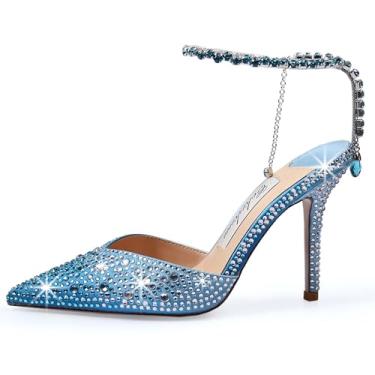 Imagem de Cokvkuu Sandálias femininas de salto alto, corrente de cristal, tiras no tornozelo, fivela de strass, salto alto, stiletto, sem fecho, festa de casamento, sapato social de cetim 9 cm, Azul e branco