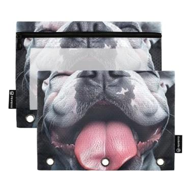Imagem de Bolsa feminina com 3 argolas para lápis e canetas com zíper, bolsos transparentes para fichários escolares, buldogue fofo, arte de cachorro cinza, 25 x 18 cm, 2 pacotes