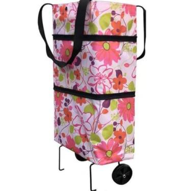 Imagem de Carrinho Compras Rodinhas Bolsa Dobrável Mercado Feira Legumes, Ideal for Family Barbecue Supplies & Weekend Errands(Flor Rosa)