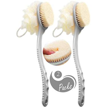 Imagem de AARAINBOW Pacote com 2 Escovas de Banho com Cerdas E Bucha, Esponja de Malha para Limpeza de Costas com Cabo Longo Curvo para Banho Esfoliante de Pele, Cerdas de Massagem Adequadas para Homens E Mulhe