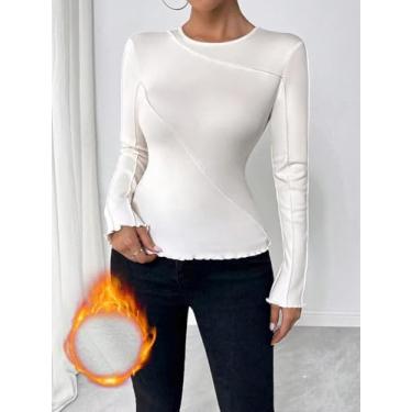 Imagem de Blusa feminina de manga comprida forrada com lã branca - blusa térmica assimétrica com babados, Damasco, Large