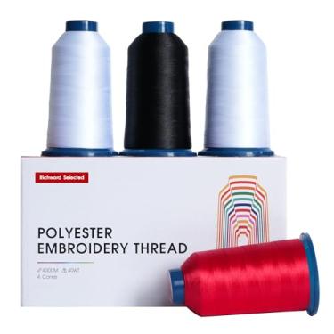 Imagem de Linha de bordado selecionada Richword, 2 brancos + 1 preto + 1 vermelho, carretel enorme 4 rolos 4000 m (4374Y) 40 WT fio de poliéster para todas as máquinas de bordado