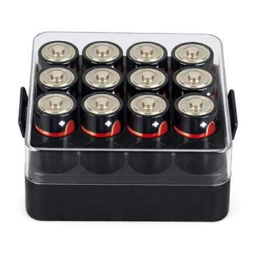 Imagem de ALCYON Estojo organizador de bateria, caixa de compartimento de bateria para 16 baterias C, suporte de bateria protetor de plástico transparente para viagem/casa/escritório (preto, médio)
