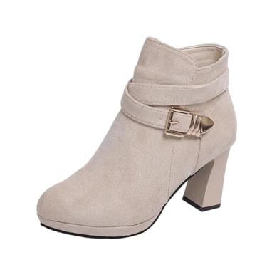 Imagem de Botas femininas modernas, casuais, modernas, de inverno, sólidas, com fivela elegante, salto redondo, salto alto com zíper lateral, Bege, 38