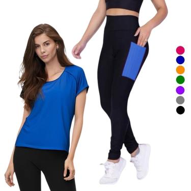 Imagem de Conjunto CAMISETA Blusinha DRY + CALÇA LEGGING BOLSOS Femininos Academia Fitness Furadinho 628-Feminino