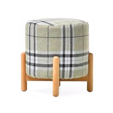 Imagem de Banqueta redonda otomana para sofá – descanso de pé de tecido acolchoado com pernas de madeira, design listrado elegante, banquinho pequeno perfeito para sala de estar, quarto e escritório.