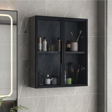 Imagem de Armário de parede de banheiro de madeira maciça com portas de vidro - Organizador que economiza espaço para vaso sanitário, perfeito para medicamentos, armazenamento no banheiro, quarto e cozinha - 60
