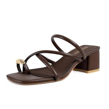 Imagem de SOVANYOU Sandálias femininas de salto com tiras, anel, salto grosso, plataforma, bico quadrado, casual, elegante, Marrom, 38