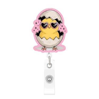 Imagem de Carretel de crachá de ovo de páscoa, retrátil, engraçado, clipe de crachá de identificação, design fofo, porta-crachás, pintinhos de páscoa, acrílico, glitter, porta-crachás de nome de feriado para