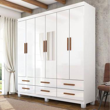 Imagem de Guarda-Roupa Solteiro Aria 6 Portas 6 Gavetas com Pés e Espelho Branco - Pnr Móveis