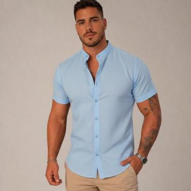 Imagem de Camisa Social Masculina Gola Padre Manga Curta Aspecto Linho - Volgue,