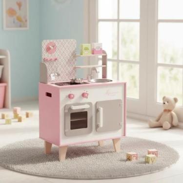 Imagem de Cozinha de Brinquedo Menina Macaron Rosa Madeira com Diversos Acessóri