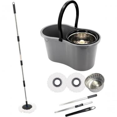 Imagem de Mop com Balde Giratorio Cesto em Inox 9L Lava e Seca com 2 Refis de Microfibra para Limpeza Residencial Cinza