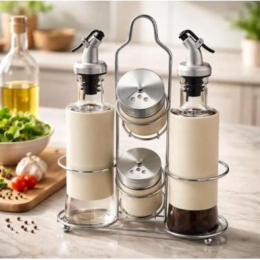 Imagem de Kit Galheteiro Malone Vidro Inox Com Suporte 4 peças Hauskraft Premium