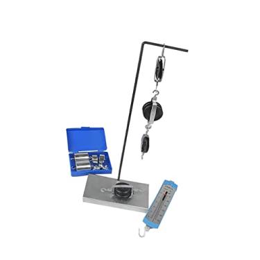 Imagem de Bloco e equipamento com dinamômetro e pesos e polias