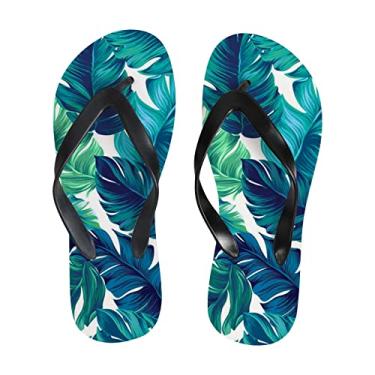 Imagem de Chinelo feminino slim chinelo feminino turquesa verde folhas tropicais praia chinelos confortáveis para viagem de verão para homens, Multicor, 6-7 Narrow Women/5-6 Narrow Men