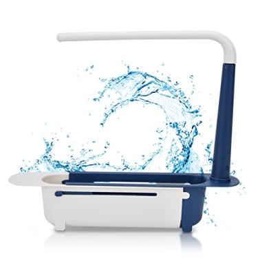 Imagem de Rack de armazenamento de pia telesc¨®pica,comprimento livremente ajust¨¢vel grande capacidade PP organizador de pia expans¨ªvel com suporte e barra transversal(BLUE), Rack de armazenamento pia tele