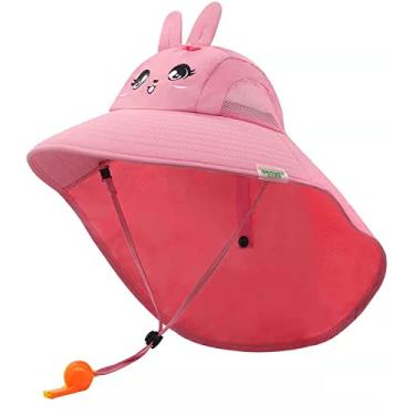 Imagem de Chapéu bucket infantil UPF50+ proteção solar chapéu viseira solar chapéus de praia de abas grandes com malha e alça de queixo ajustável chapéu de pescador para meninos meninas de 3 a 8 anos, Rosa