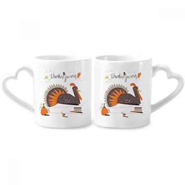 Imagem de Conjunto de canecas de porcelana para casais, estampa de peru, abstrata, dia de Ação de Graças, coração