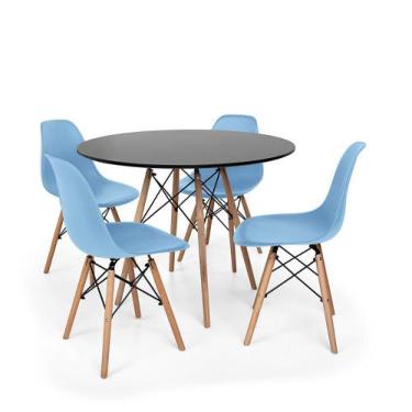 Imagem de Kit Mesa Jantar Eiffel 90cm Preta + 04 Cadeiras Charles Eames - Azul-C