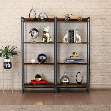 Imagem de Conjunto 2 Estantes para Livros Médias Industrial Aço 4 Prateleiras 146x80cm Active Yescasa Carvalho Dark