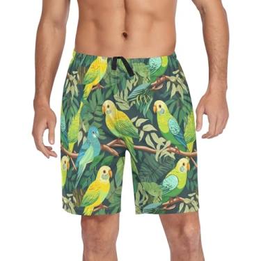 Imagem de CHIFIGNO Shorts de pijama masculino, calça de dormir casual, calça de pijama macia com bolsos e cordão, Papagaios verdes e amarelos com folhas, GG