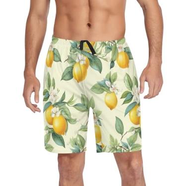 Imagem de CHIFIGNO Shorts de pijama masculino, calça de pijama masculina leve, calça de pijama masculina com bolsos e cordão, Folhas verde-limão retrô - 1, P