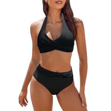 Imagem de LEKODE Conjunto de biquíni feminino de duas peças com cintura alta, short para natação, conjunto de biquíni com faixa de cores contrastantes, Preto, 3G