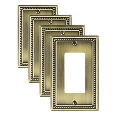 Imagem de TREEWELL Pacote com 4 placas de cobertura de tomada decorativas, placas de interruptor decorativas e tampas de tomada, placas de parede de metal de latão antigo para tomadas elétricas, receptáculo, tomada GFCI, interruptor de intensidade de luz
