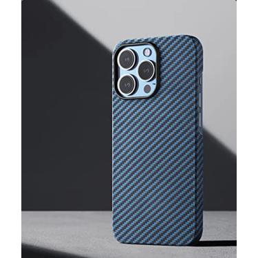 Imagem de Capa compatível com Apple iPhone 14 Pro - fibra de carbono de aramida - com suporte - Design moderno para proteção de lente de metal de liga de alumínio (azul)