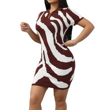 Imagem de Ryehack Vestido feminino 2024 verão casual malha mini vestido sexy zebra listrado manga curta gola V Y2k Bodycon T Shirt Dress, Marrom, GG