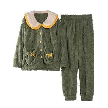 Imagem de LUBOSE Pijama feminino macio de manga comprida outono inverno pijama feminino pijama de lã coral quente pijama de flanela engrossada roupa de casa conjunto de 2 peças - 2GG, verde, Verde, GG