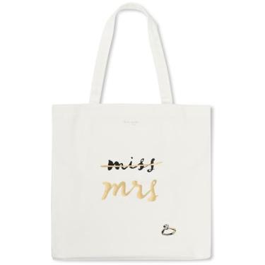 Imagem de kate spade new york Linda bolsa de lona para mulheres, bolsa de praia de lona, bolsa de livro de noiva com bolso, Miss to Mrs…, Creme, Small