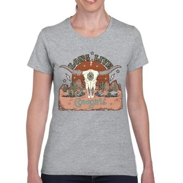 Imagem de Camiseta feminina Long Live Cowgirl Vintage Country Girl Western Rodeo Ranch Blessed and Lucky American Southwest, Cinza, M