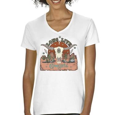 Imagem de Camiseta feminina Long Live Cowgirl gola V Vintage Country Girl Western Rodeo Ranch Blessed and Lucky American Southwest, Branco, GG
