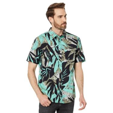 Imagem de Volcom Camisa havaiana masculina regular de mármore floral manga curta abotoada, Aqua, empoeirada, GG