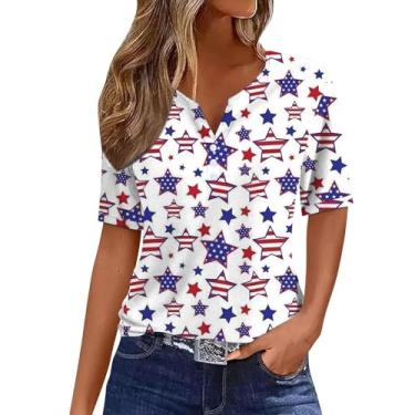 Imagem de Camiseta feminina 4th of July bandeira americana listras estrelas tops verão patriótico Memorial Day túnica gola V manga curta, Branco, M