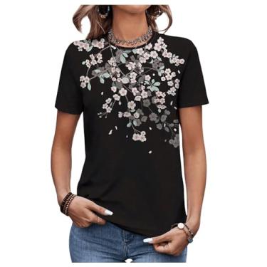 Imagem de OYOANGLE Camiseta feminina de manga curta com estampa floral e gola redonda, Preto, P