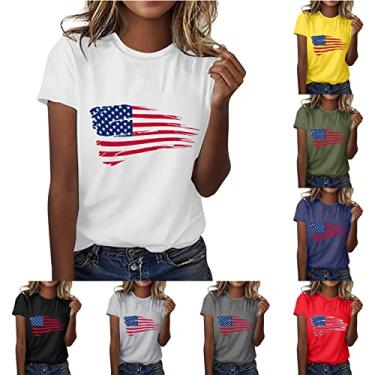 Imagem de Camisetas femininas de 4 de julho com bandeira americana listras estrelas, casual, patriótico, memorial, festival, Branco, GG