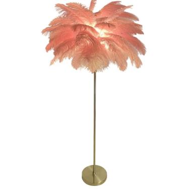 Imagem de Luminária de chão de penas de avestruz natural 45 peças lâmpadas de cabeceira com interruptor de pé regulável moderno dourado lâmpadas LED decoração iluminação para quartos sala de estar 160 cm