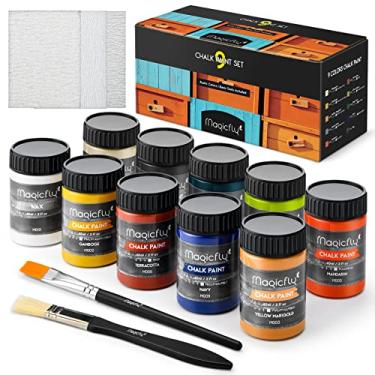 Imagem de Magicfly Conjunto de 15 peças de tinta para móveis de giz, conjunto de tinta acrílica de acabamento ultra fosco com 9 cores (60 ml/56.7 g) com cera líquida, 2 pincéis, 3 lixas, tinta de giz para