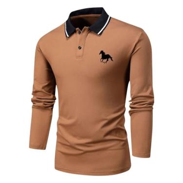 Imagem de SOLY HUX Camiseta masculina de golfe de manga comprida gola casual para trabalho, Estampa marrom chocolate, G