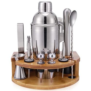 Imagem de Kit de barman com suporte de bambu, conjunto de coqueteleira de 12 peças de 740 ml com todas as ferramentas essenciais para misturar bebidas, presentes ideais para amantes de coquetéis, kit de bartender em casa com receitas de coquetéis