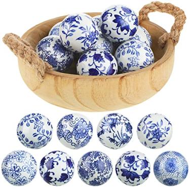 Imagem de Vesici 9 bolas de porcelana azuis e brancas decorativas para tigelas de centro de mesa, bolas de cerâmica da China, bandeja de cesta de fazenda, vasos, presentes para mesa de jantar, férias (estilo