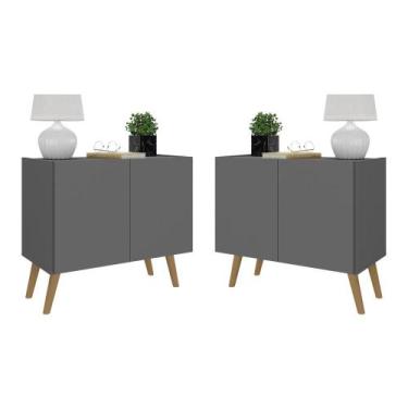 Imagem de Kit 2 Mesas de Cabeceira Retrô 2 Portas Multimóveis MP4138, Grafite/Na