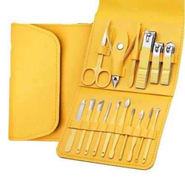 Imagem de Conjunto Manicure Pedicure Completo Aço Inox 16 pçs Amarelo - Global