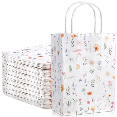 Imagem de Kolldenn 24 peças de sacos de boas-vindas de flores silvestres para convidados de hotel de casamento, sacolas de presente floral com alças de papel kraft branco para chá de bebê nupcial, lembrancinha