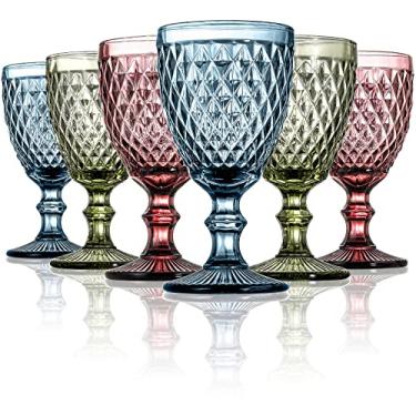 Imagem de ZOOFOX Conjunto de 6 taças de vinho vintage, taça de vidro colorido de 293 ml com haste, vidro em relevo com design de diamante para chá de bebê, casamento, festa, feriado